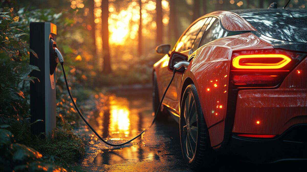 Nahaufnahme eines Elektroautos beim Laden an einer Ladestation